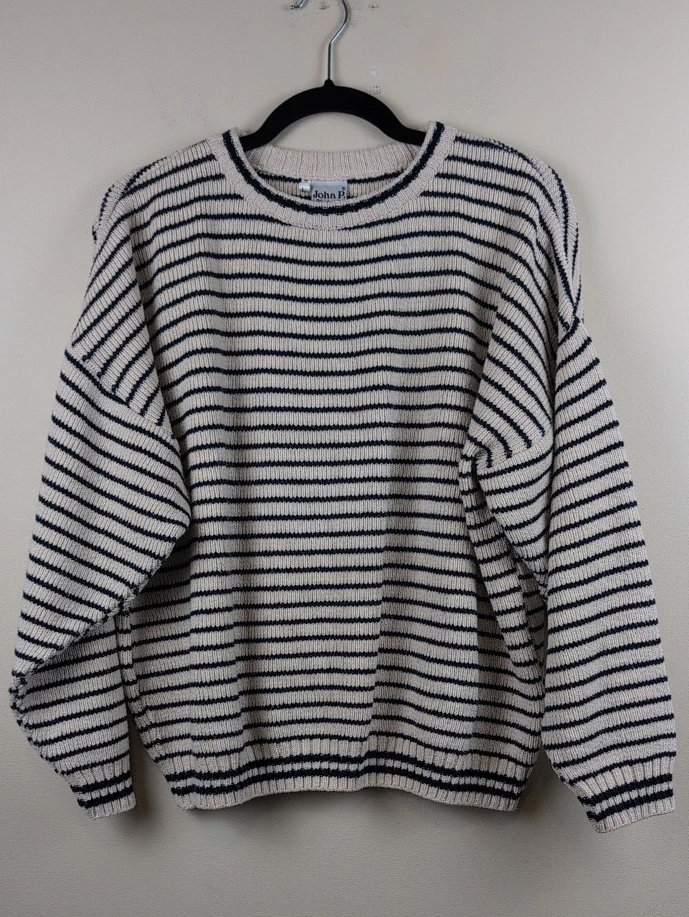 Vintage John P. Knitworks Striped Knit Cotton Sweater in Cream & Navy Size L